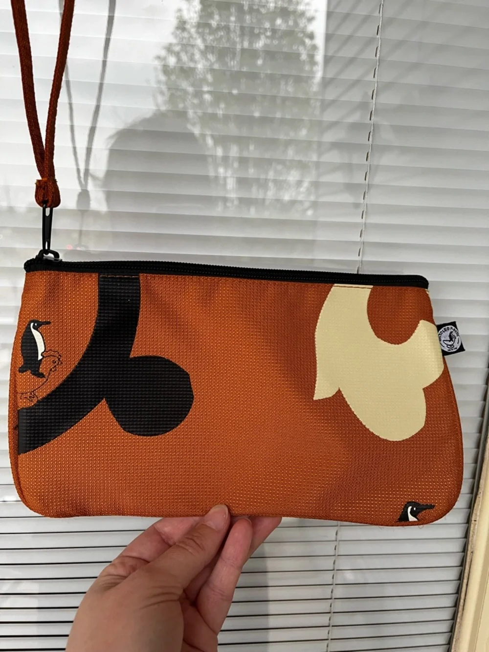 Penguin Print Orange Recycled Plastic Wristlet Clutch Pouch